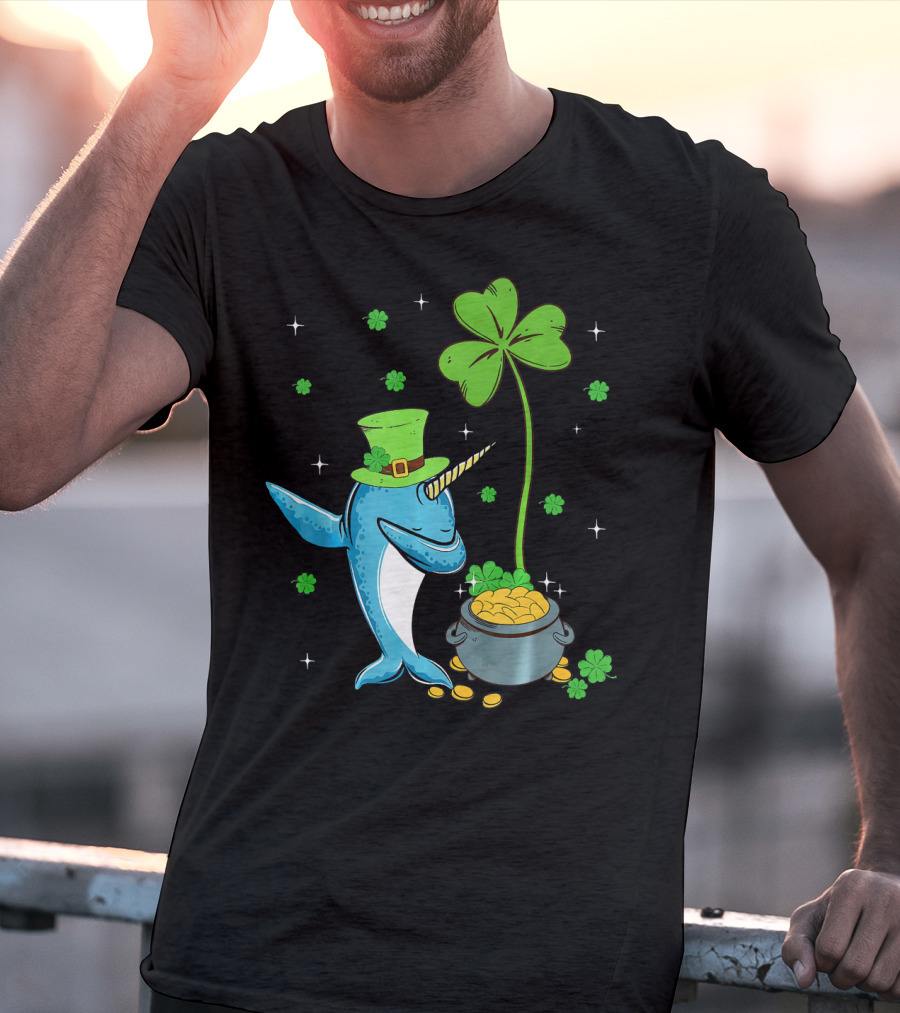 Shamrock Leprechaun Narwhal With Pot Of Gold St Patricks T-Shirt