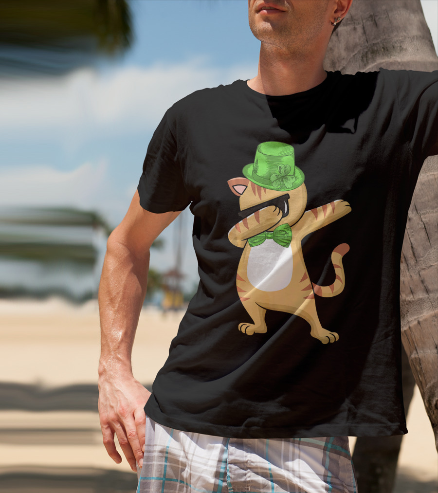 Dabbing Cat St Patricks Day Leprechaun Green Hat Clover Bow Tie T-Shirt