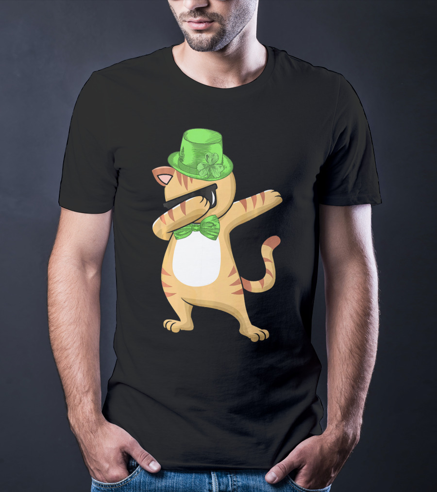 Dabbing Cat St Patricks Day Leprechaun Green Hat Clover Bow Tie T-Shirt