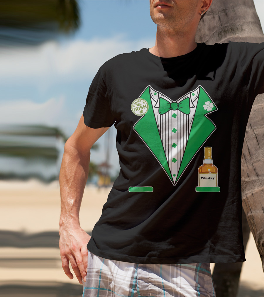 Kiss Me I'm Irish St. Patrick's Day Tuxedo With Whiskey Bottle And Shamrock T-Shirt