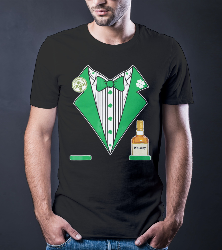 Kiss Me I'm Irish St. Patrick's Day Tuxedo With Whiskey Bottle And Shamrock T-Shirt