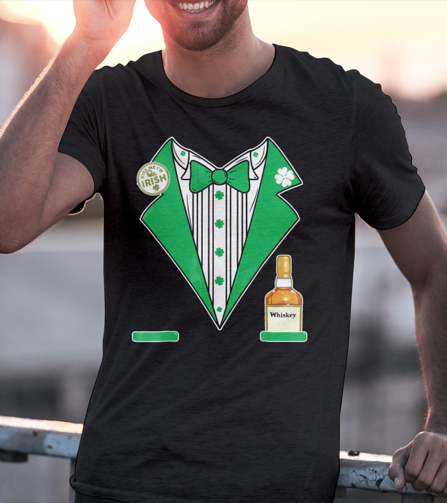 Kiss Me I'm Irish St. Patrick's Day Tuxedo With Whiskey Bottle And Shamrock T-Shirt