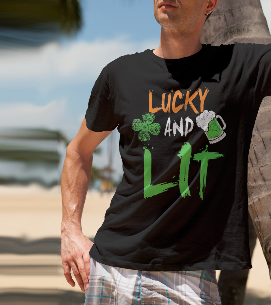Lucky And Lit Irish Flag Shamrock Beer St. Patrick's Day T-Shirt