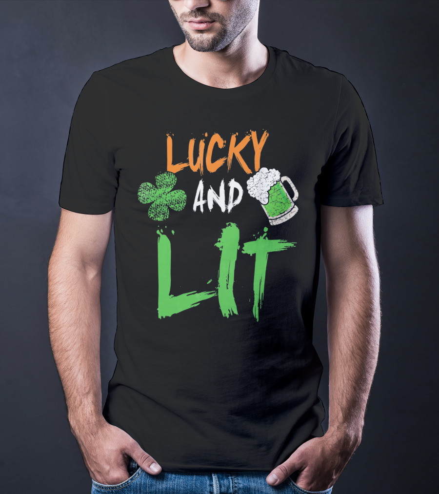 Lucky And Lit Irish Flag Shamrock Beer St. Patrick's Day T-Shirt