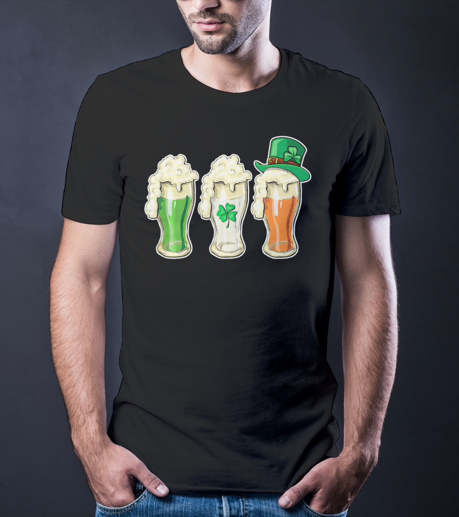 Irish Flag Beer Glasses With Shamrock And Leprechaun Hat T-Shirt