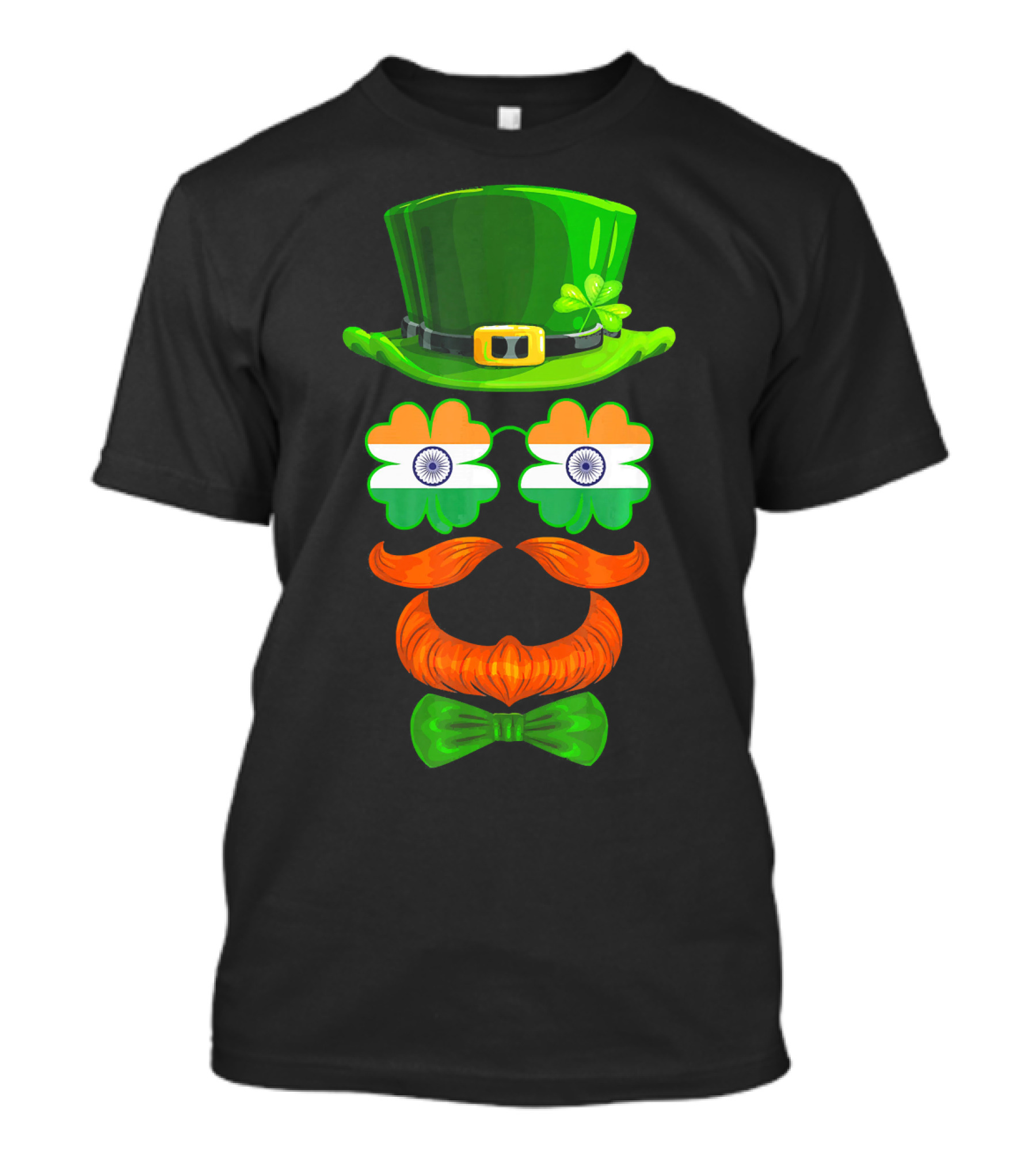 India Flag Shamrock Leprechaun Green Hat Orange Mustache Bow Tie T-Shirt