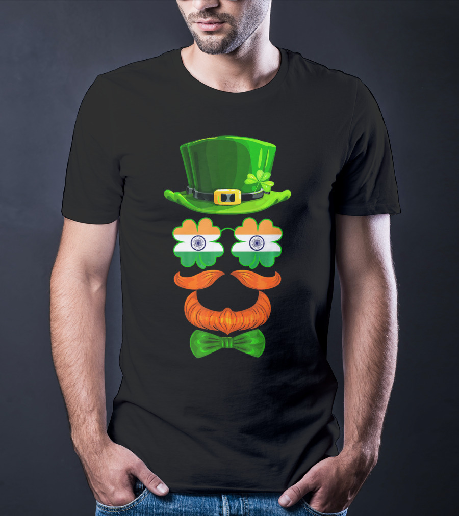India Flag Shamrock Leprechaun Green Hat Orange Mustache Bow Tie T-Shirt