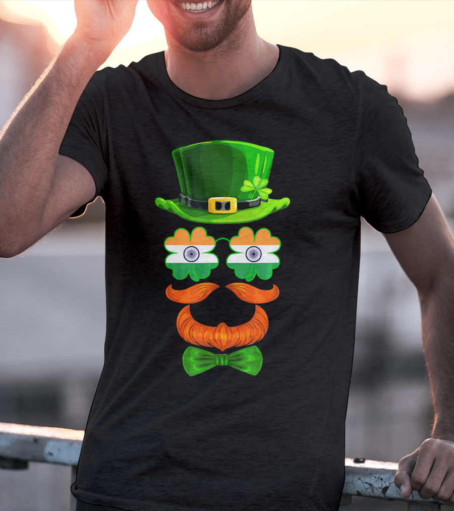 India Flag Shamrock Leprechaun Green Hat Orange Mustache Bow Tie T-Shirt