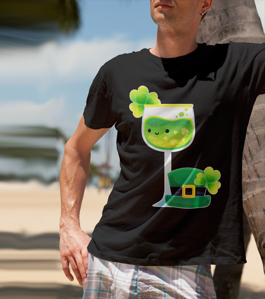 Saint Patrick's Day Green Shamrock Wine Glass With Leprechaun Hat T-Shirt