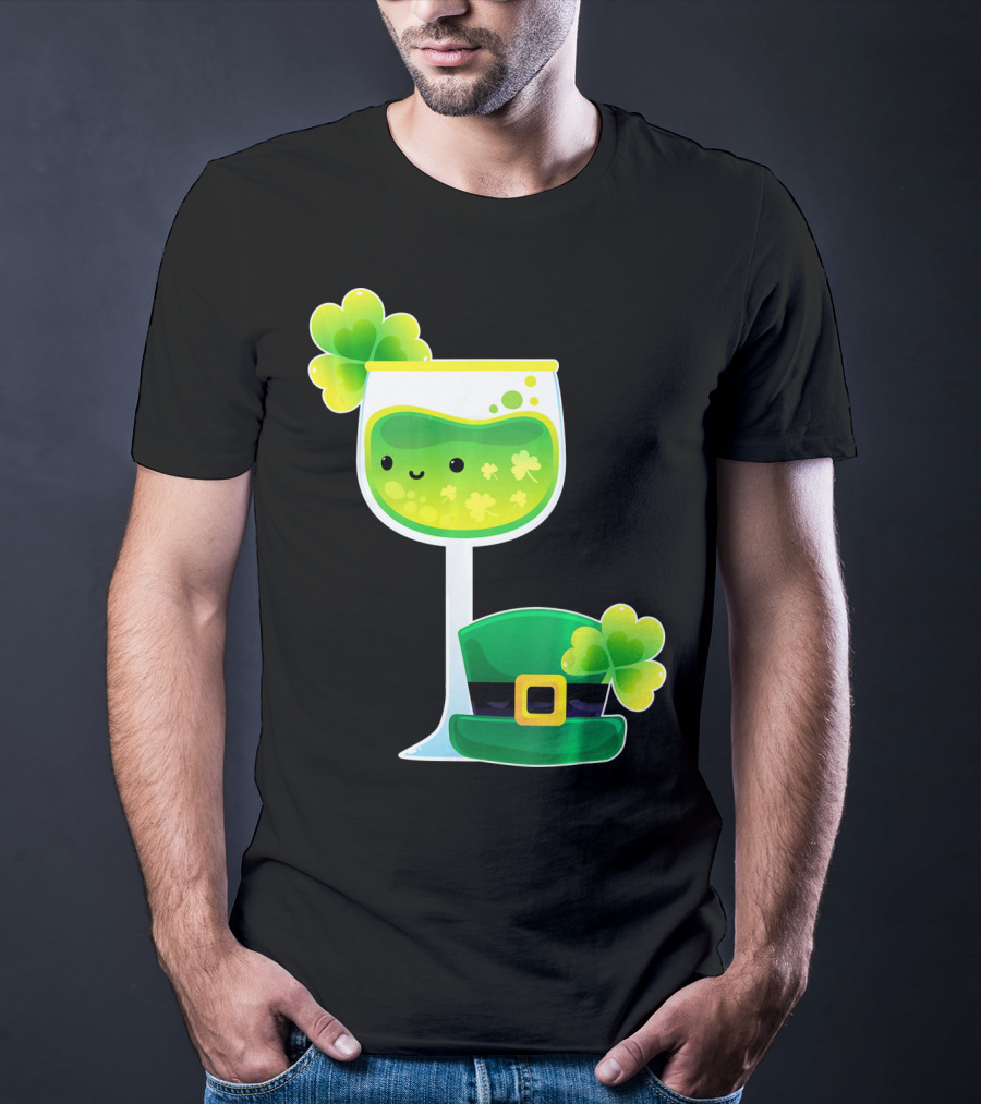 Saint Patrick's Day Green Shamrock Wine Glass With Leprechaun Hat T-Shirt