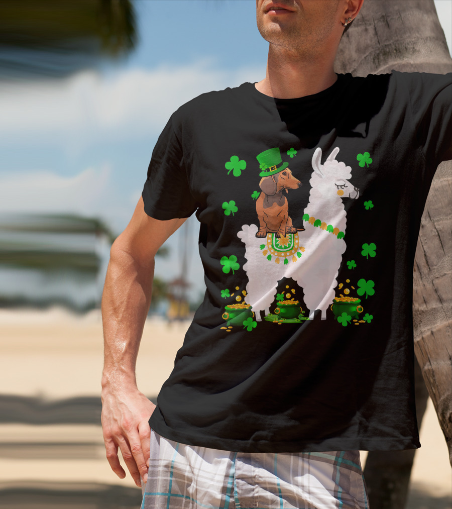 Leprechaun Dachshund Riding Llama Shamrocks Pots Of Gold T-Shirt