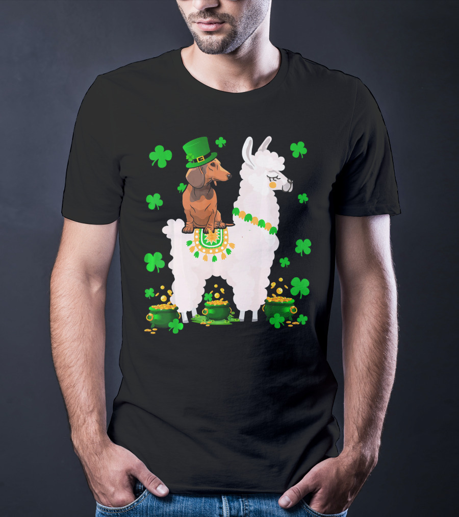 Leprechaun Dachshund Riding Llama Shamrocks Pots Of Gold T-Shirt