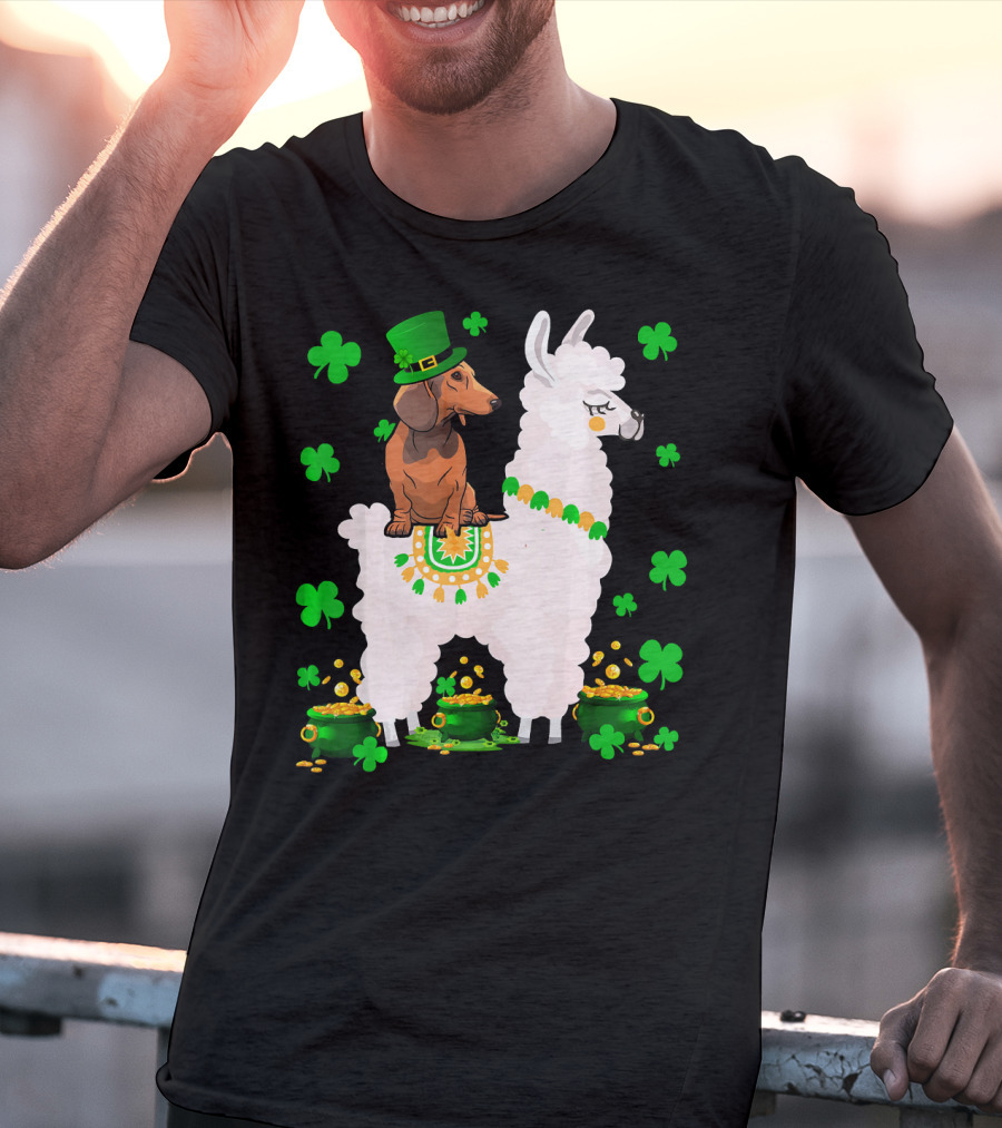 Leprechaun Dachshund Riding Llama Shamrocks Pots Of Gold T-Shirt