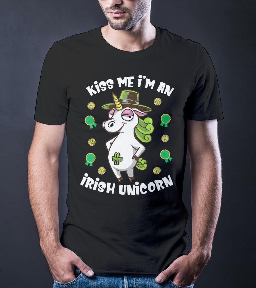 Kiss Me I'm An Irish Unicorn Shamrocks And Gold T-Shirt
