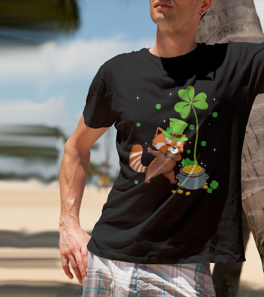 Shamrock Leprechaun Red Panda Pot Of Gold St Patrick's Day T-Shirt