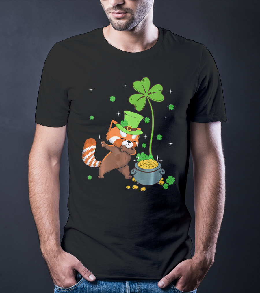 Shamrock Leprechaun Red Panda Pot Of Gold St Patrick's Day T-Shirt