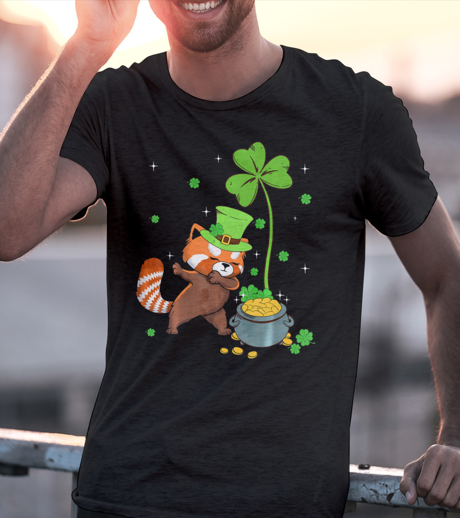 Shamrock Leprechaun Red Panda Pot Of Gold St Patrick's Day T-Shirt