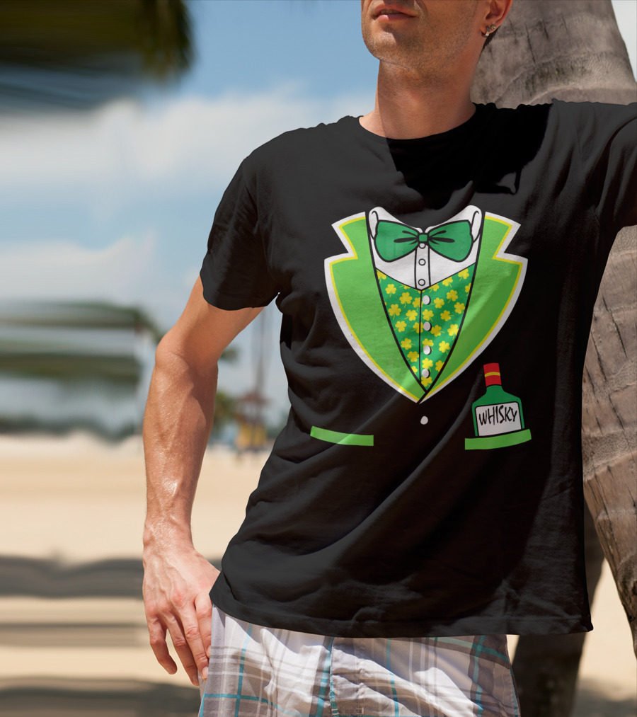 St Patricks Day Tuxedo Costume With Shamrock Vest And Whisky Flask T-Shirt