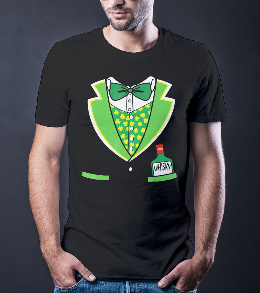 St Patricks Day Tuxedo Costume With Shamrock Vest And Whisky Flask T-Shirt