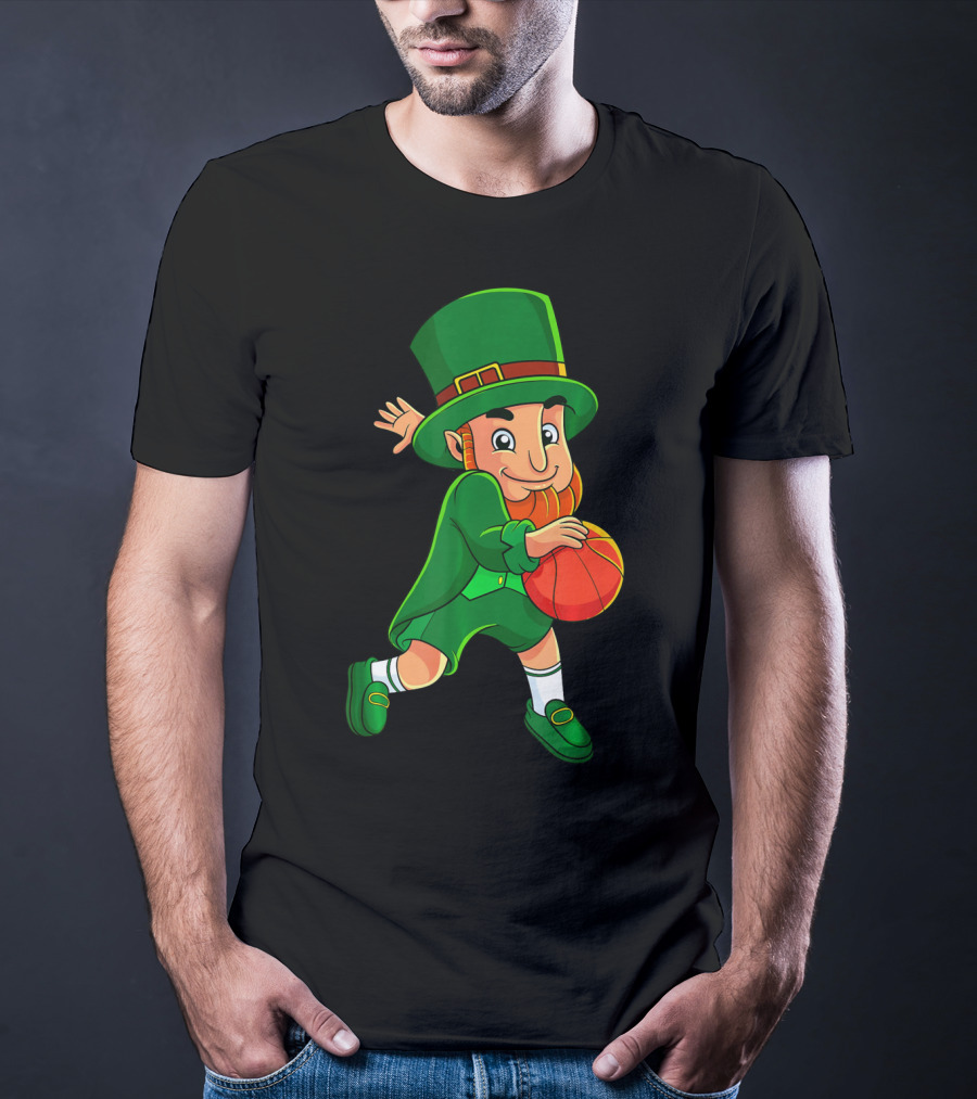 Leprechaun Basketball St Patricks Day Character In Green Outfit With Orange Ball T-Shirt