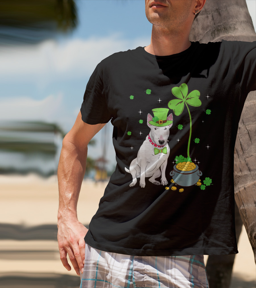 Shamrock Leprechaun Bull Terrier Pot Of Gold And Clover T-Shirt
