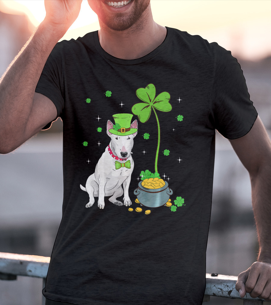 Shamrock Leprechaun Bull Terrier Pot Of Gold And Clover T-Shirt