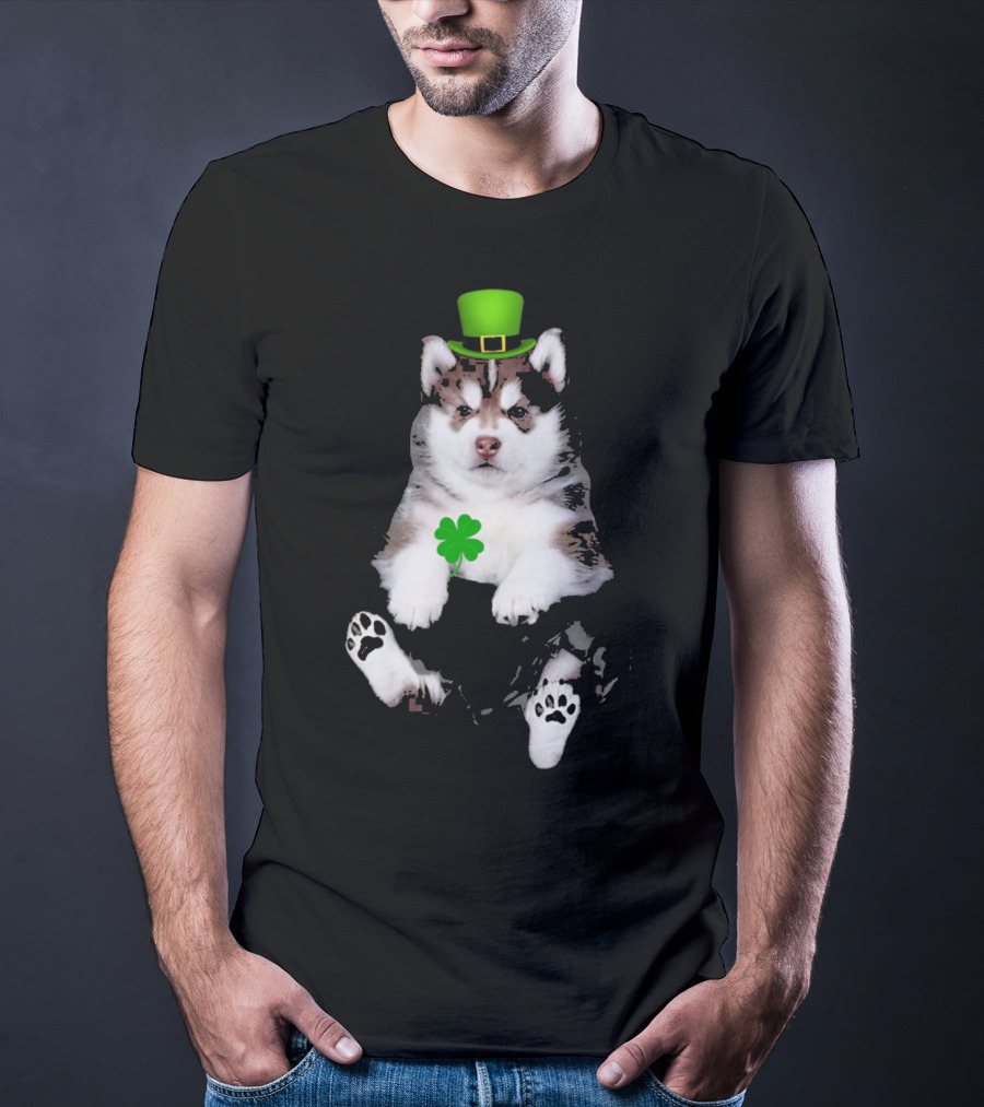 St Patricks Day Husky Puppy Shamrock Hat Paw Prints T-Shirt