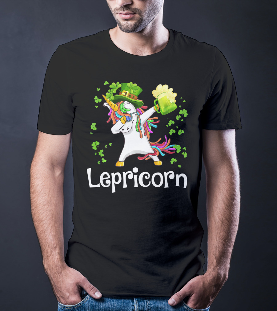 Lepricorn Beer Mug Shamrocks Rainbow Unicorn St. Patrick's Day T-Shirt