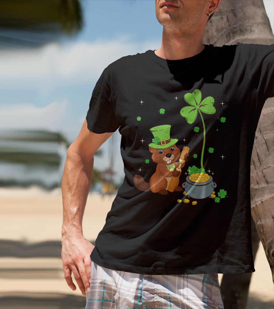 Shamrock-Leprechaun Beaver With Pot Of Gold And Clover For St Patricks T-Shirt