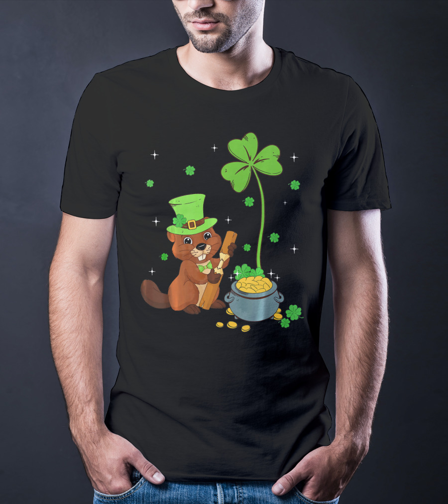 Shamrock-Leprechaun Beaver With Pot Of Gold And Clover For St Patricks T-Shirt