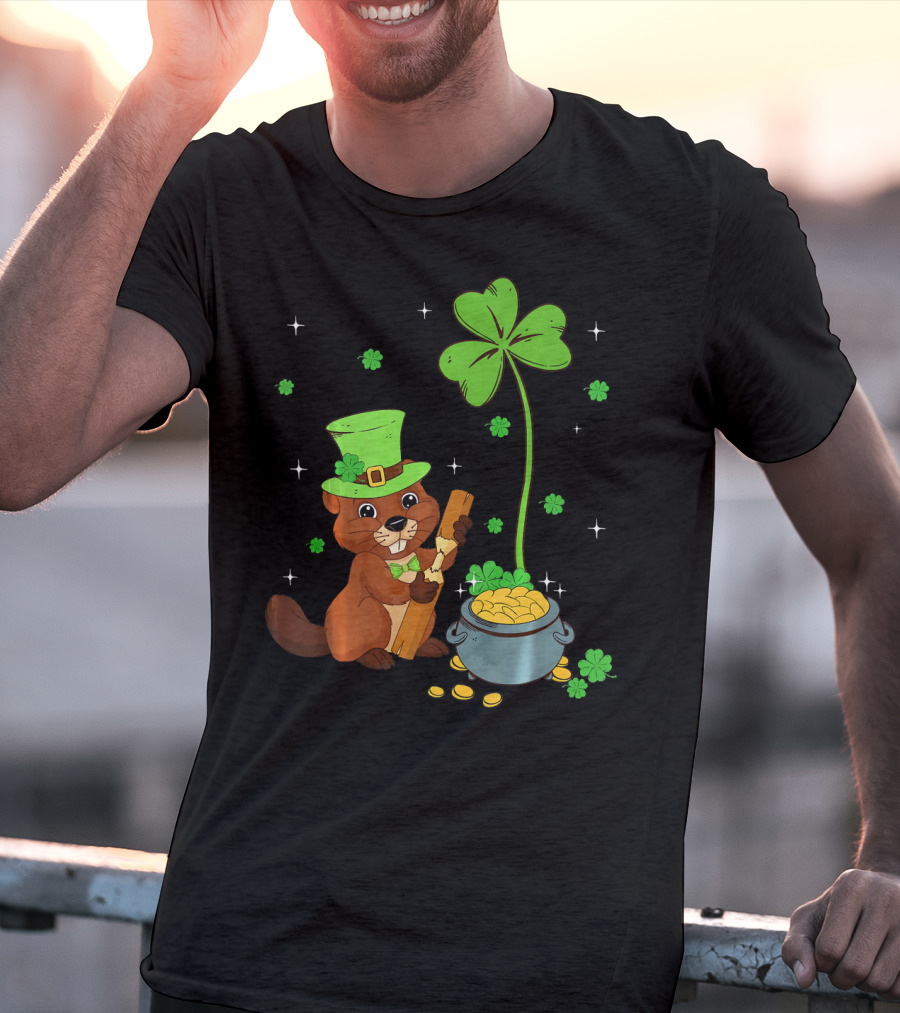 Shamrock-Leprechaun Beaver With Pot Of Gold And Clover For St Patricks T-Shirt