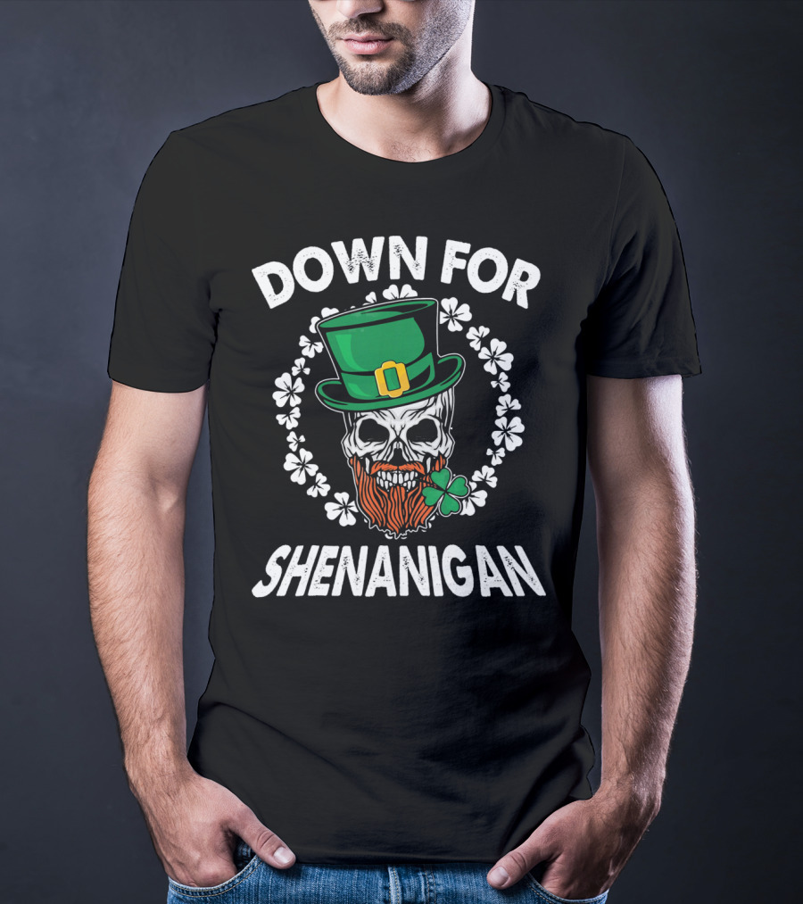 Down For Shenanigan Pirate Leprechaun Skull Shamrocks T-Shirt