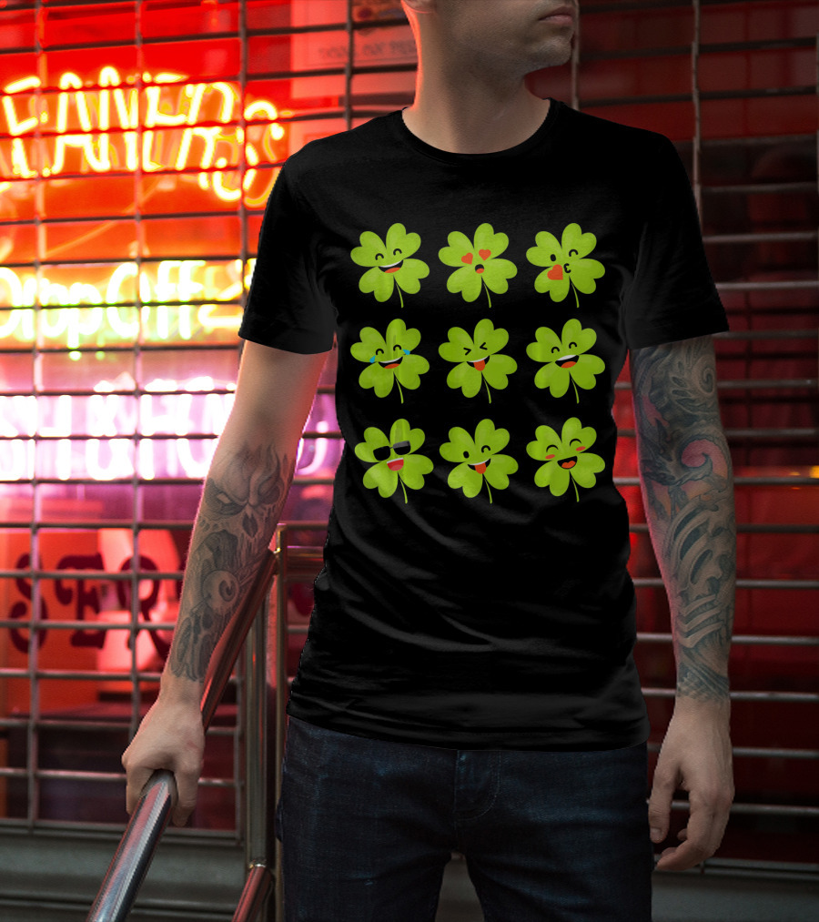 Four Leaf Clover Emojis Funny Saint Patrick's Day Smiley Faces T-Shirt