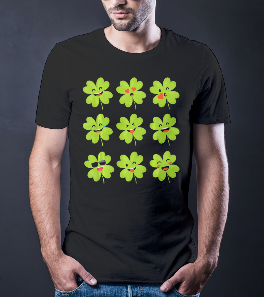 Four Leaf Clover Emojis Funny Saint Patrick's Day Smiley Faces T-Shirt