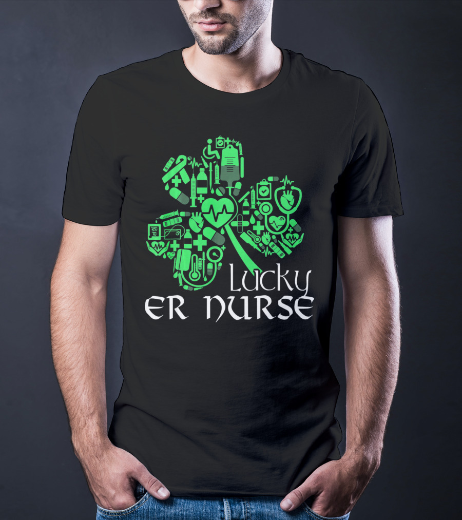 St Patricks Day Shamrock Lucky ER Nurse Medical Icons T-Shirt