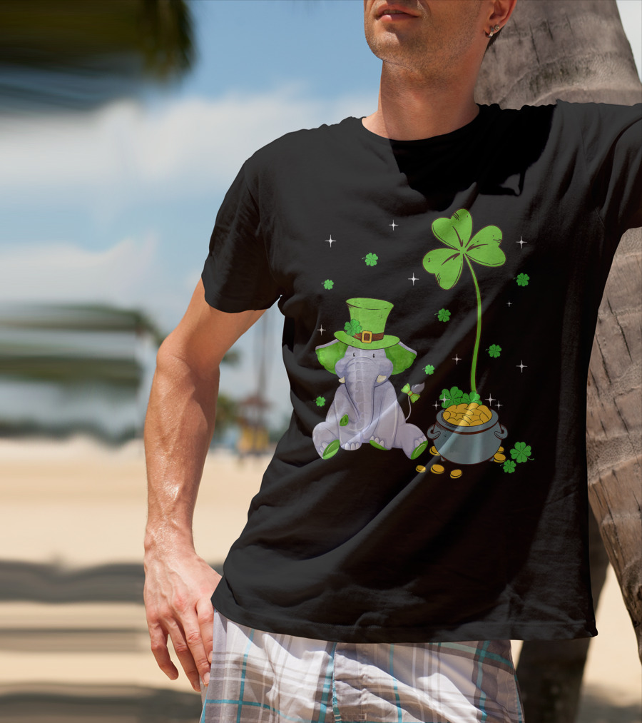 Shamrock Leprechaun Elephant St Patricks Pot Of Gold T-Shirt