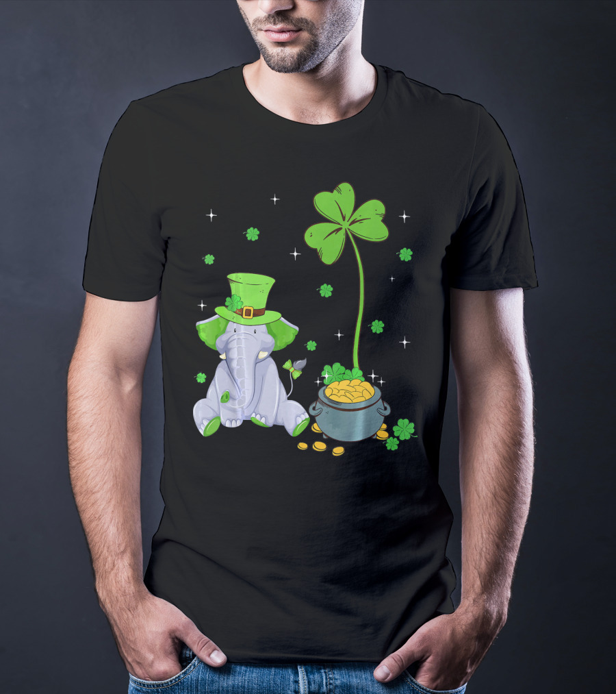 Shamrock Leprechaun Elephant St Patricks Pot Of Gold T-Shirt