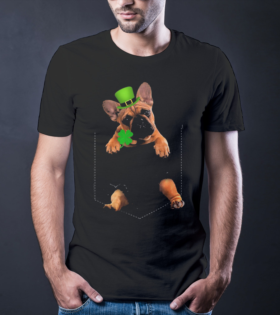 French Bulldog With Shamrock And Leprechaun Hat For St Patricks Day T-Shirt