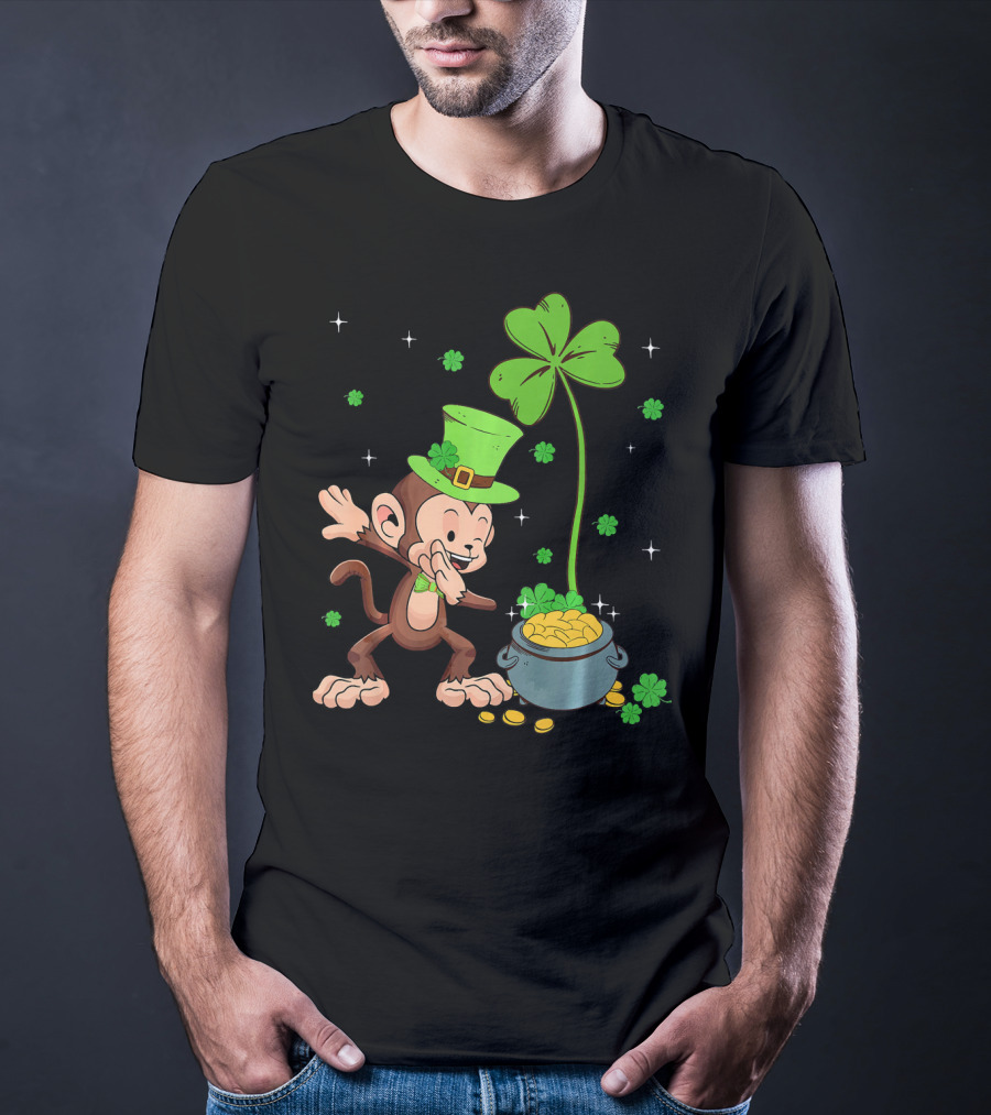 Shamrock Leprechaun Monkey With Pot Of Gold St Patricks T-Shirt