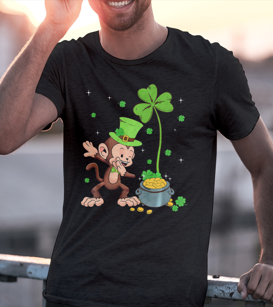 Shamrock Leprechaun Monkey With Pot Of Gold St Patricks T-Shirt