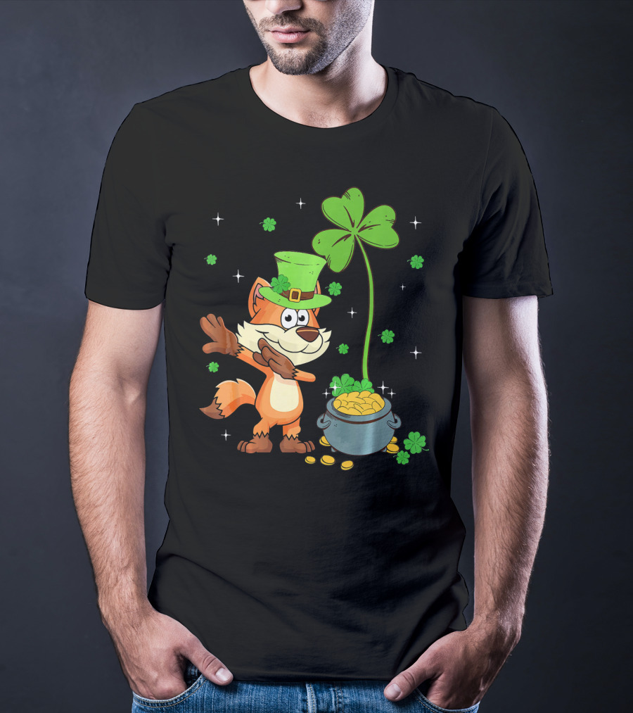 Shamrock Leprechaun Fox With Clover And Pot Of Gold T-Shirt