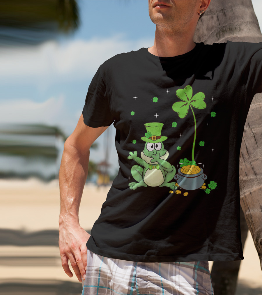 Shamrock Leprechaun Frog With Pot Of Gold And Clover Hat T-Shirt