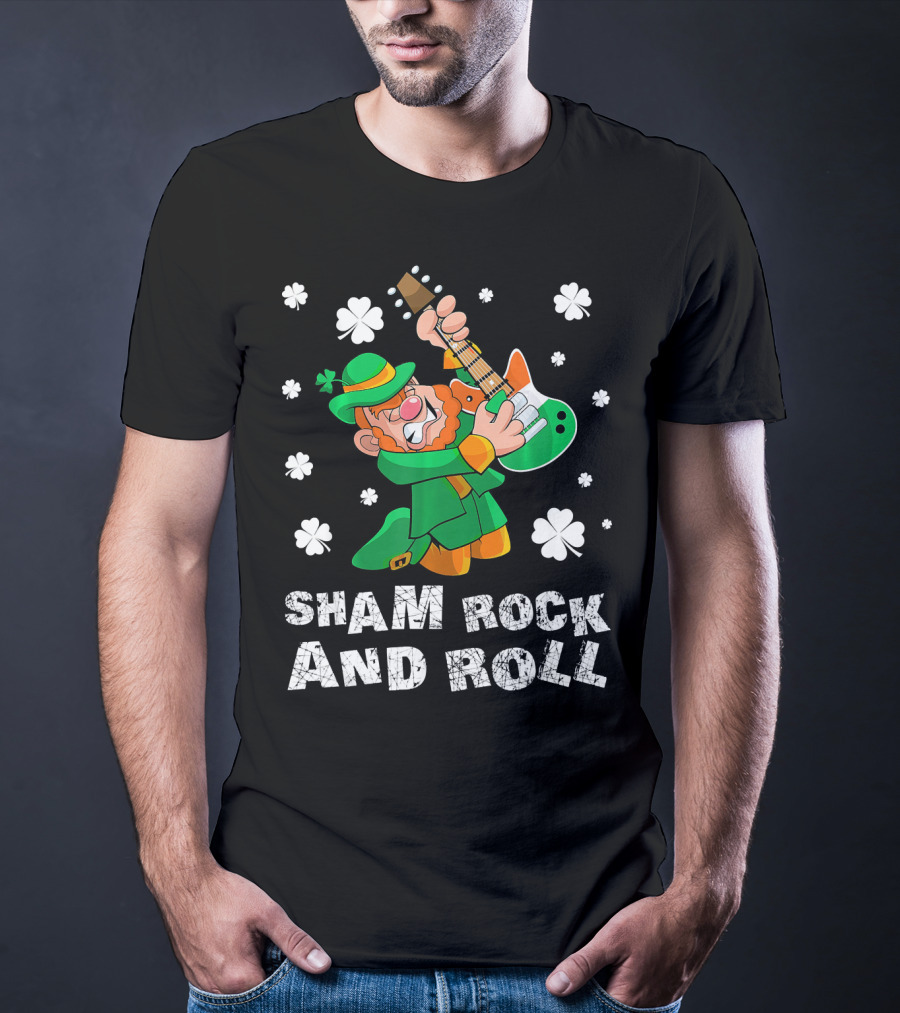 Sham Rock And Roll Leprechaun Playing Guitarist St Patricks Clover T-Shirt