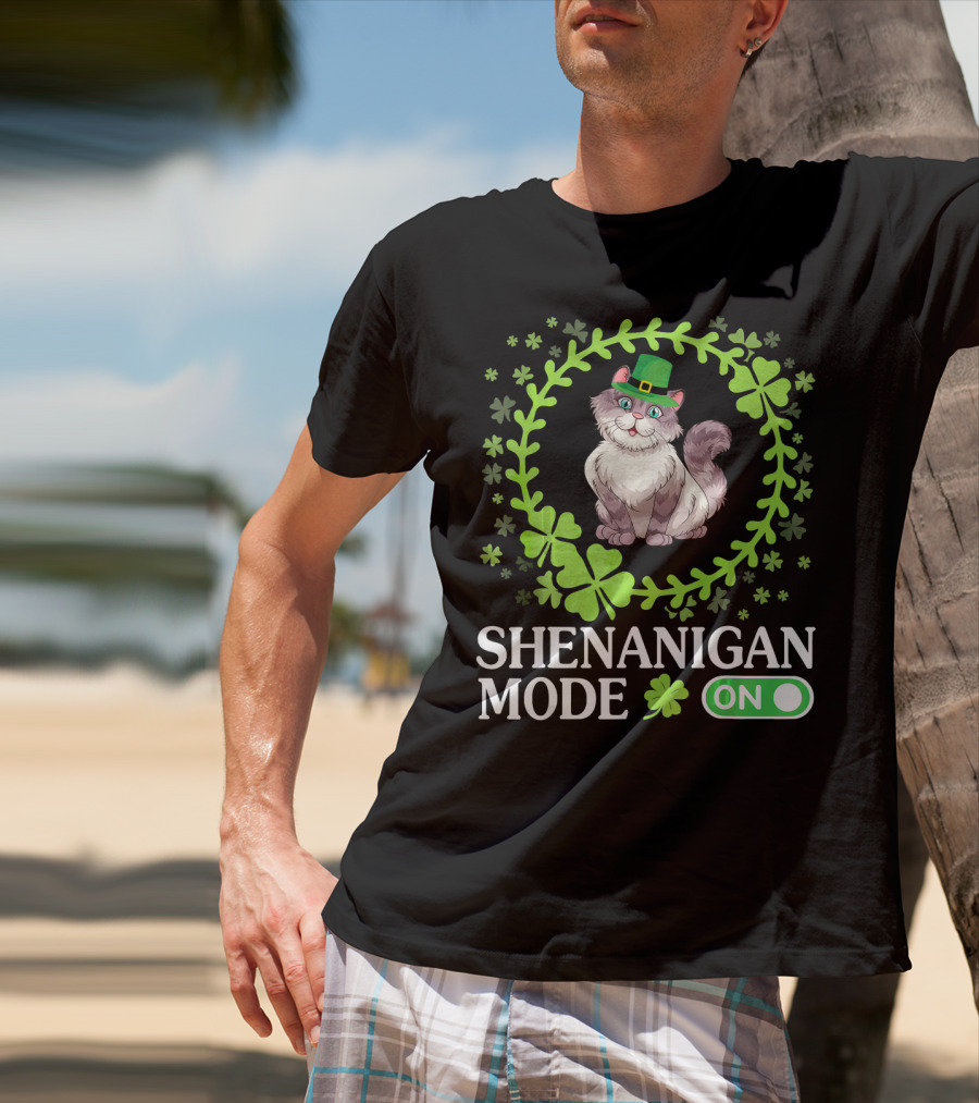 Shenanigan Mode On With Leprechaun Cat In Shamrocks Circle T-Shirt