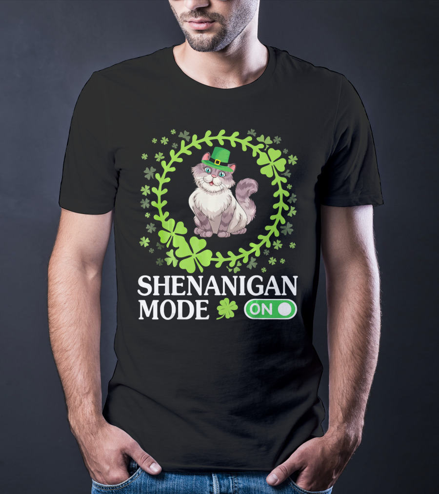 Shenanigan Mode On With Leprechaun Cat In Shamrocks Circle T-Shirt