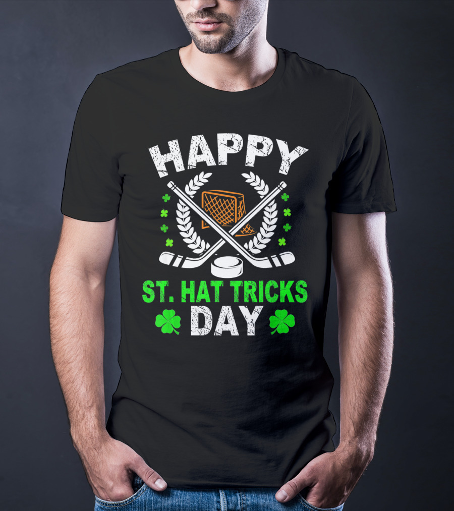 Happy St. Hat Tricks Day Hockey St. Patrick's Day Shamrocks And Sticks T-Shirt
