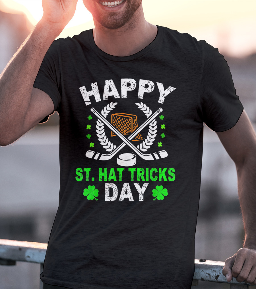 Happy St. Hat Tricks Day Hockey St. Patrick's Day Shamrocks And Sticks T-Shirt