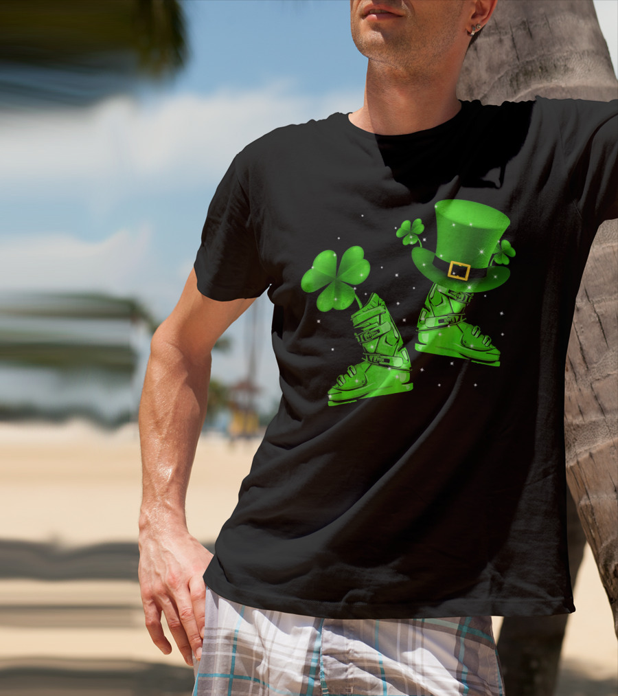 Shamrock Leprechaun Hat With Green Ski Boots T-Shirt