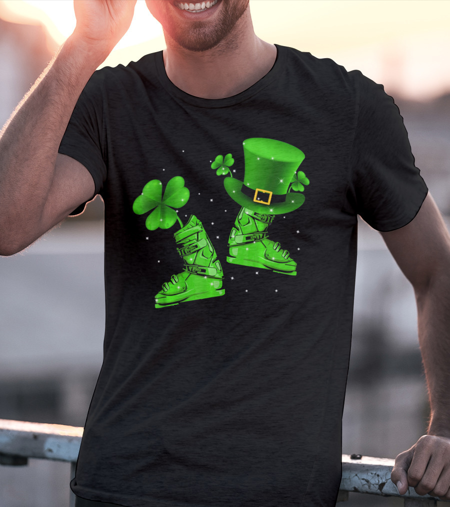 Shamrock Leprechaun Hat With Green Ski Boots T-Shirt