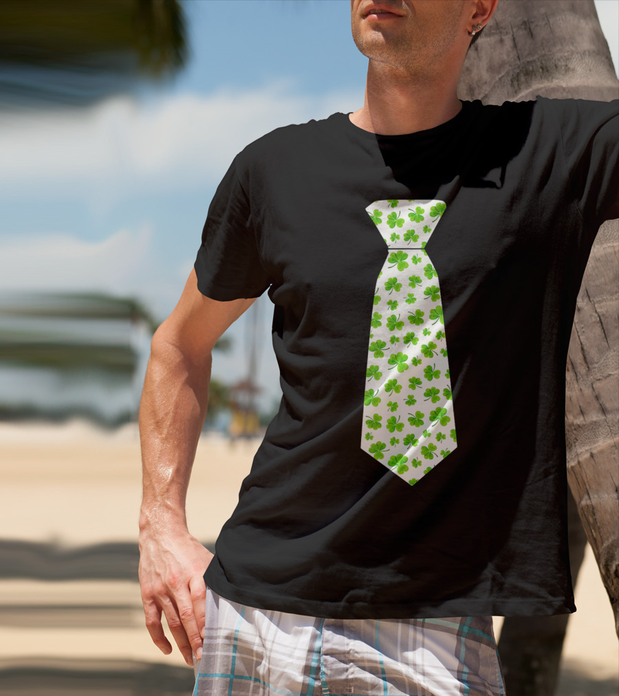 St Patricks Day Irish Shamrock Tie Pattern White Background T-Shirt